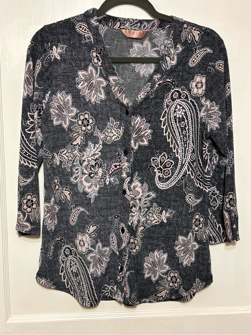 Talbots Floral Paisley V-Neck Button Front Top - with Gray & Light Pink